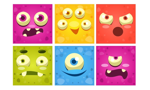 Facce di mostri divertenti set di emoji mutanti quadrati colorati emoticon carini con diverse emozioni vettore