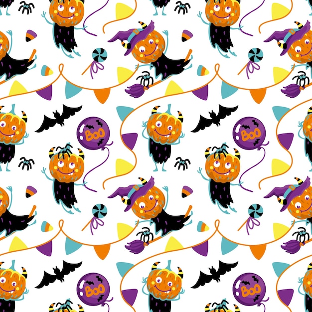 Вектор Забавная тыква-монстр. детский принт на хэллоуин. бесшовный узор для ткани, обертывания, текстиля.