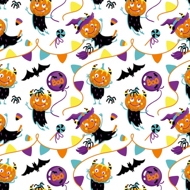 Funny monster pumpkin. Kids print for halloween. Seamless pattern for fabric, wrapping, textile.