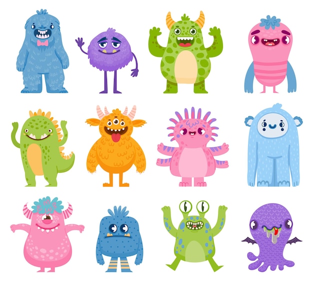 Vector funny monsters. cartoon cute and scary creatures with horns and teeth. halloween monster and alien characters. friendly monsters vector set. happy halloween animal, creature funny beast illustration