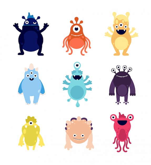 Funny monsters. cute baby monster aliens bizarre avatars. crazy hungry halloween animals isolated cartoon vector characters