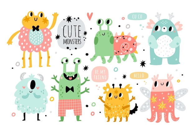 Funny monsters Cute kids creatures Fantastic fluffy toothy and horned cartoon characters Happy aliens with joyful faces Childish party decor Vector adorable bizarre beasts set