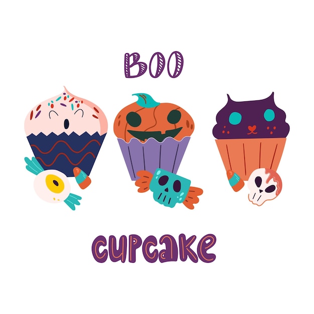 Funny muffins in the form of a creepy pumpkin a ghost and a cat with cute and creepy sweets