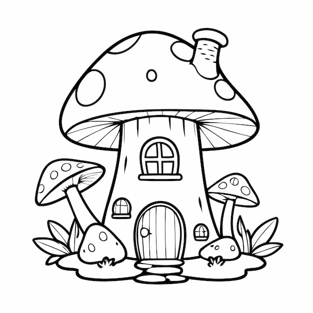 Funny Mushroom House drawing illustration for coloring page