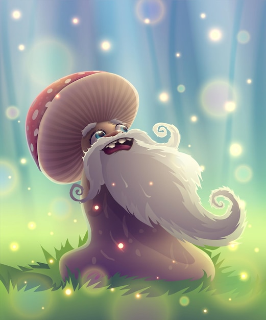 Funny mushroom with magic smile in summer garden or fantasy forest with green grass