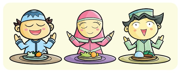 Vettore bambini musulmani divertenti che pregano prima di mangiare