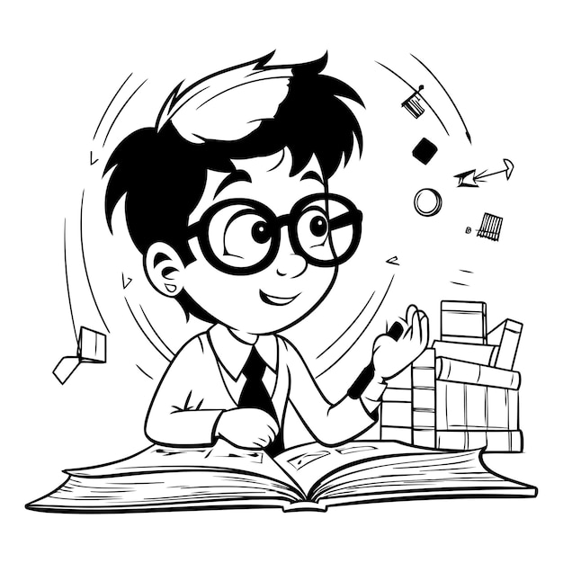 Vector funny nerd boy reading book black and white vector illustration