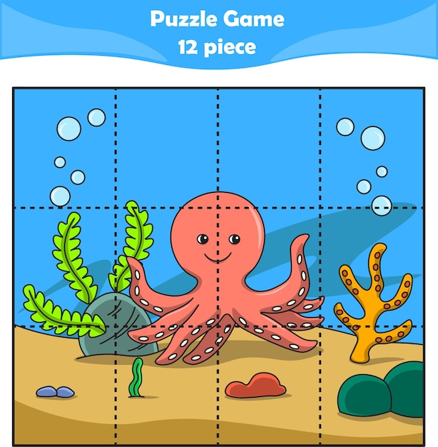 Vettore divertenti giochi puzzle con polpo per bambini 12 pezzi educazione dei bambini illustrazione vettoriale