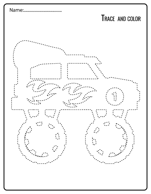 Funny Off Road of Monster Truck Tracing Activity For Kindergarten