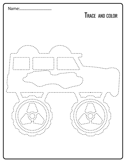 Funny Off Road of Monster Truck Tracing Activity For Kindergarten