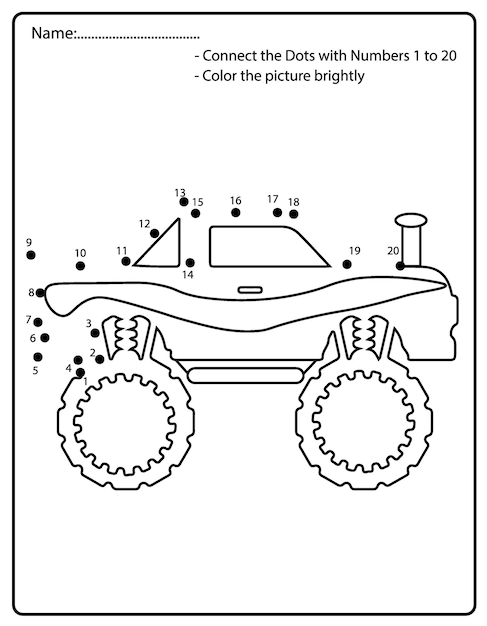Funny Off Road of Monster Truck Van punt naar punt Kleurplaten werkbladen voor peuters