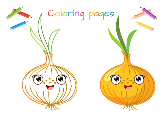 벡터 귀여운 얼굴을 가진 재미있는 양파 색칠하기 스티커 엽서 어린이를 위한 스크랩북 제품