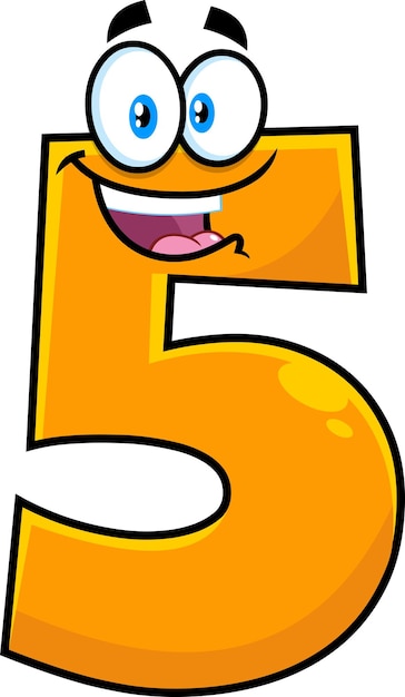 Funny Orange Number Five 5 Cartoon Character. Vector Hand Drawn Illustration