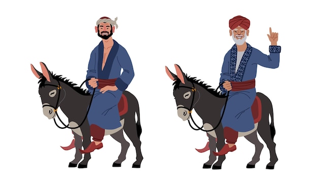 Vector funny oriental peasant riding on a grey cute donkey the concept of eastern wisdom