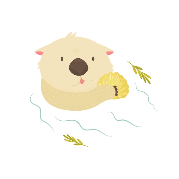 Vector funny otter with shell floating in a river