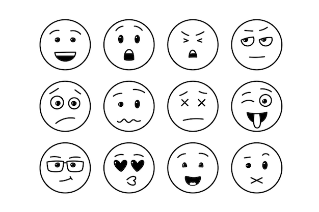 Emoji a contorno divertente volti comici astratti con varie emozioni in stile doodle emoticon vettoriali