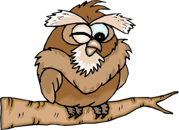 funny Owl on a branch comic handdrawn animal cartoon character vector illustration