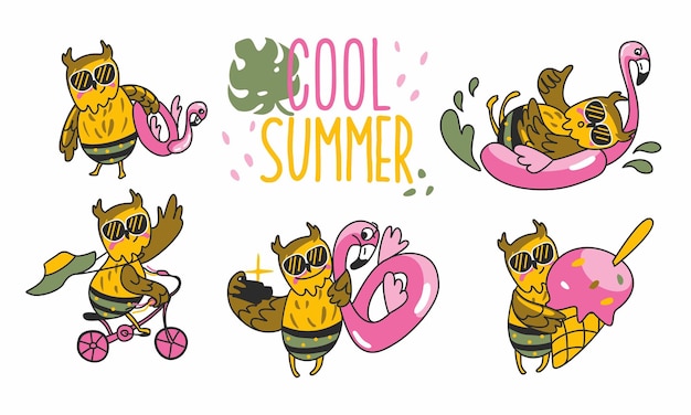 Funny owl in hot summer summer sticker set cool pattern for child print bird vector