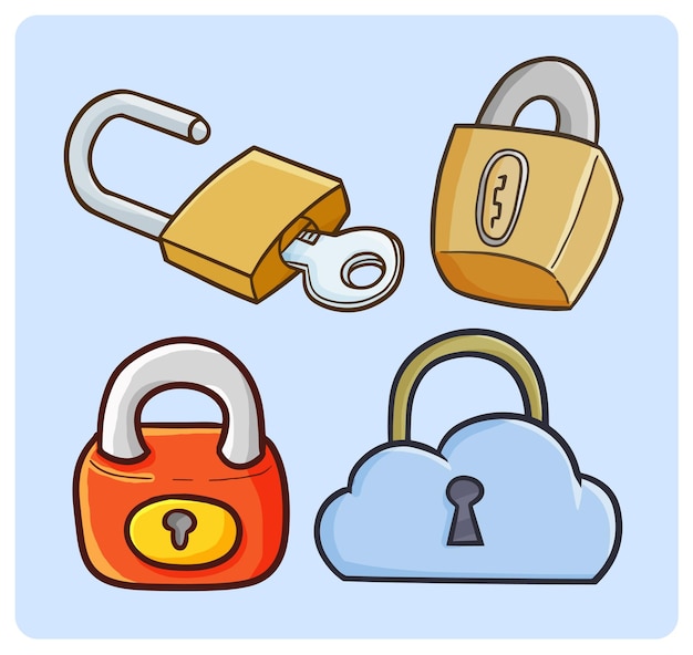 Funny padlock collection in simple doodle style