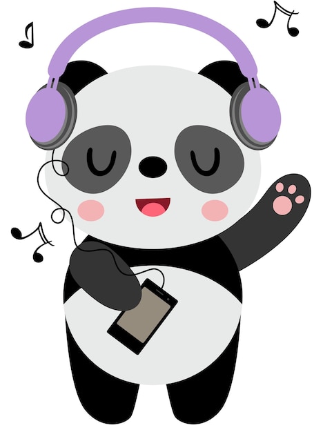 Funny panda listening music with headphones