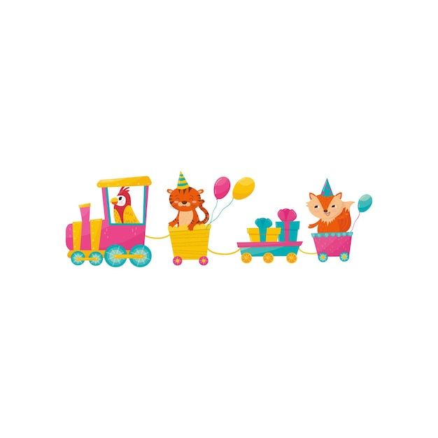 Funny parrot tiger and fox with balloons on train Gift boxes in little wagon Cartoon animals characters Colorful flat vector design for print poster or greeting card