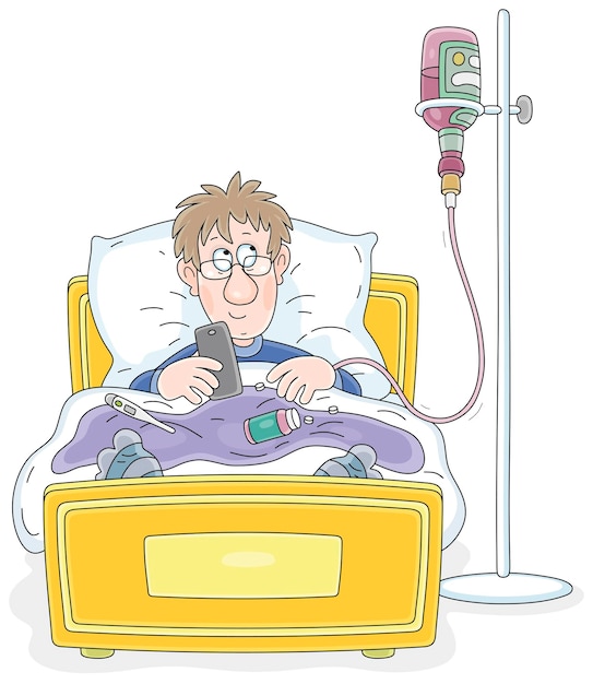 Vector funny patient with a dropping wine bottle instead a medicine dropper lying in his bed