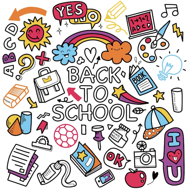 Vector funny  pattern with school supplies and creative elements. back to school background.