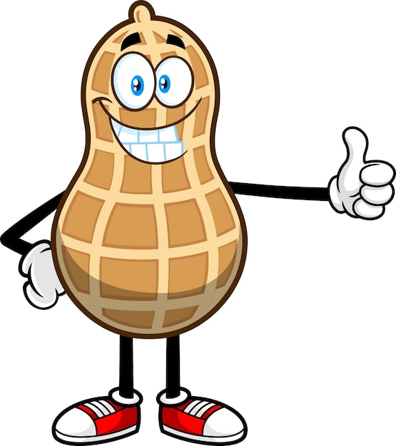 Funny Peanut Cartoon Character Giving The Thumbs Up. Vector Hand Drawn Illustration