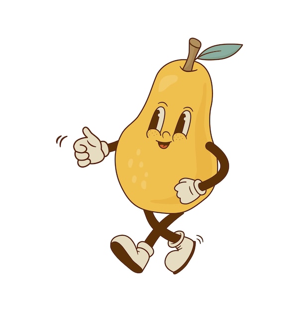 Funny pear mascot Smiling retro cartoon fruit character vector illustration Groovy style