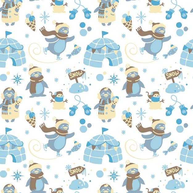 Vector funny penguin nordic motifs kids print seamless pattern for  fabric wrapping textile