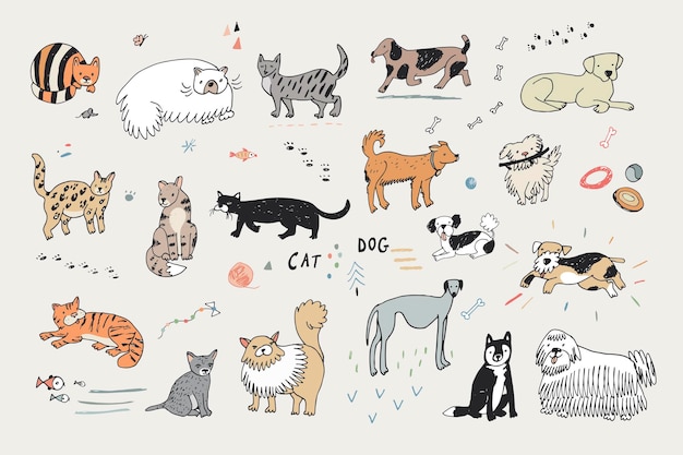 Funny pet dog cat vector illustrations set