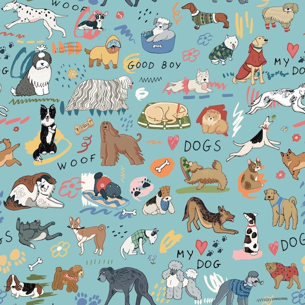 Funny pet dog vector seamless pattern