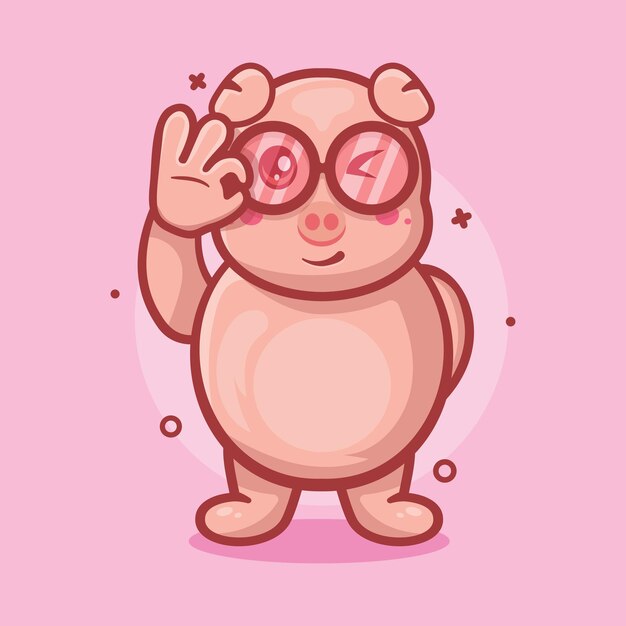 funny pig animal character mascot with ok sign hand gesture isolated cartoon in flat style design