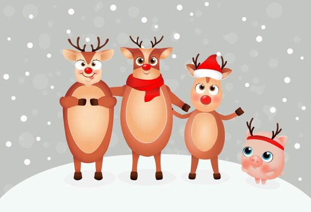 Funny pig and christmas reindeer cute cartoon little pig the year of the pig chinese new year