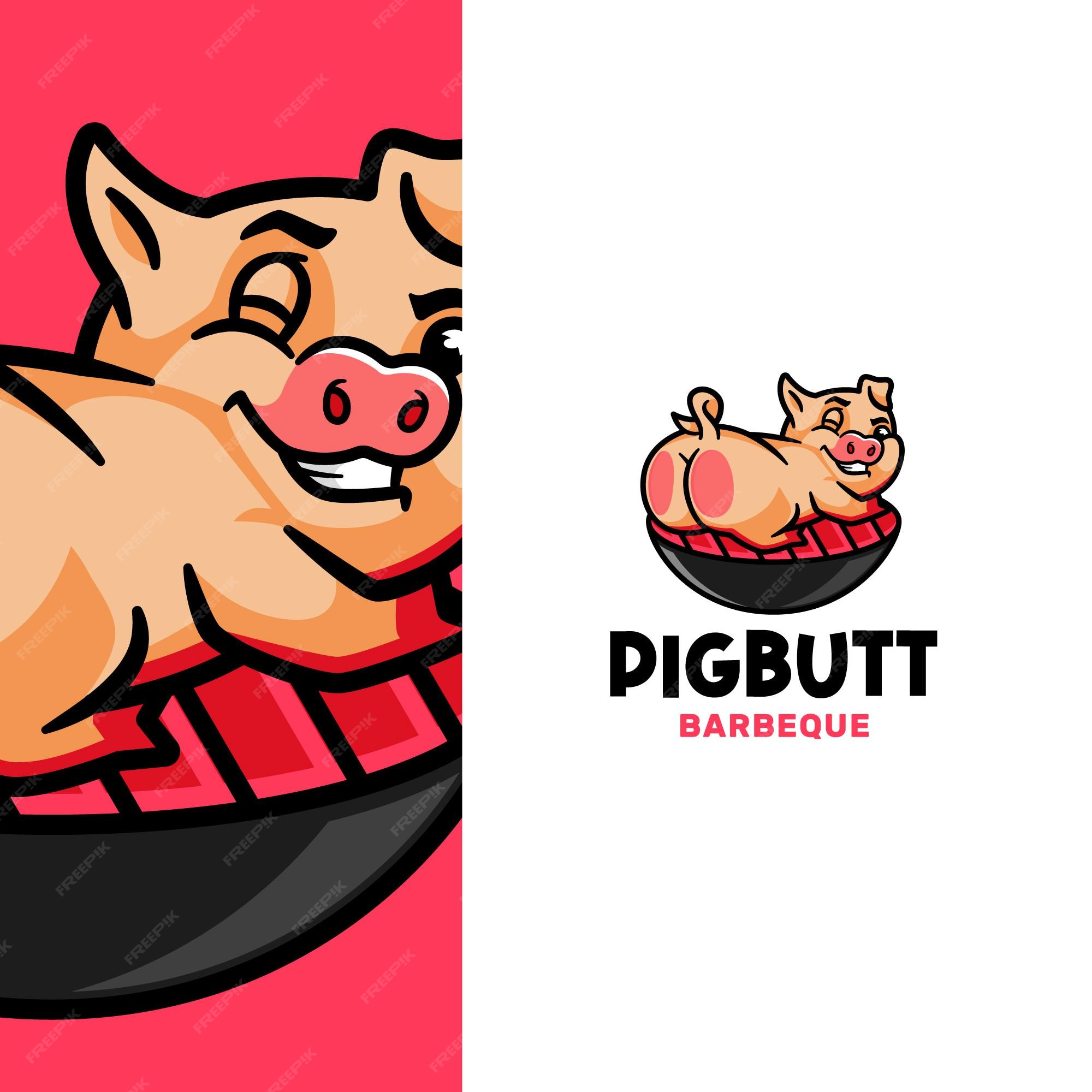 Premium Vector | Funny pig showing butt barbeque logo template