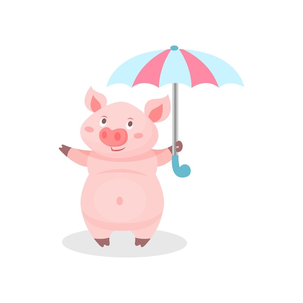 Funny pig standing with umbrella cute little piglet cartoon character vector illustration on a white