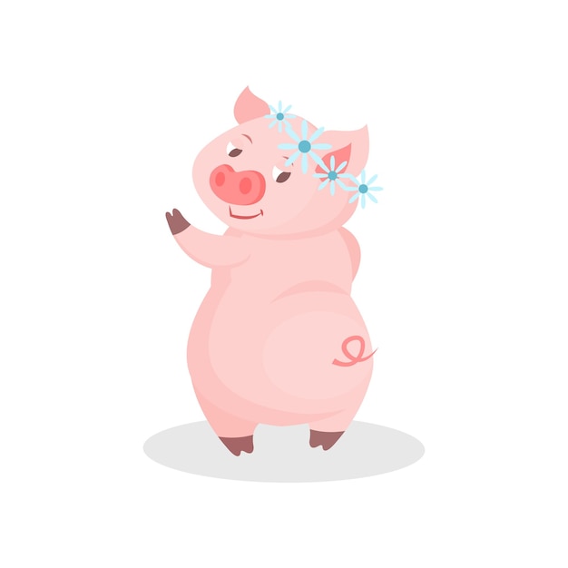 Funny pig wearing wreath of flowers cute little piglet cartoon character vector illustration on a