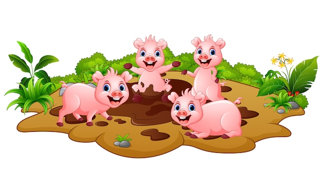 Vector funny pigs playing in the mud