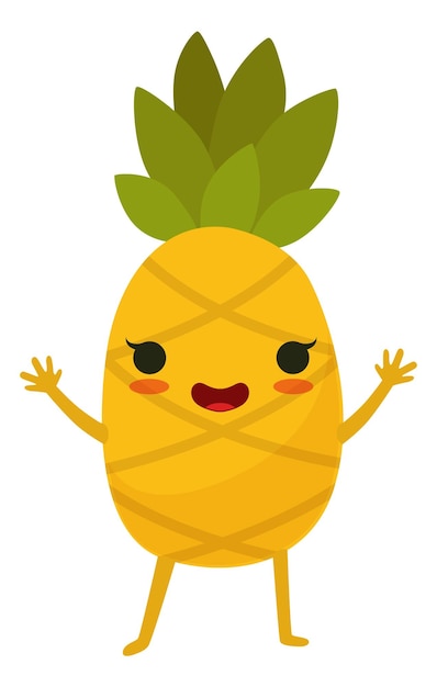 Funny pineapple cute cartoon character fruit mascot isolated on white background