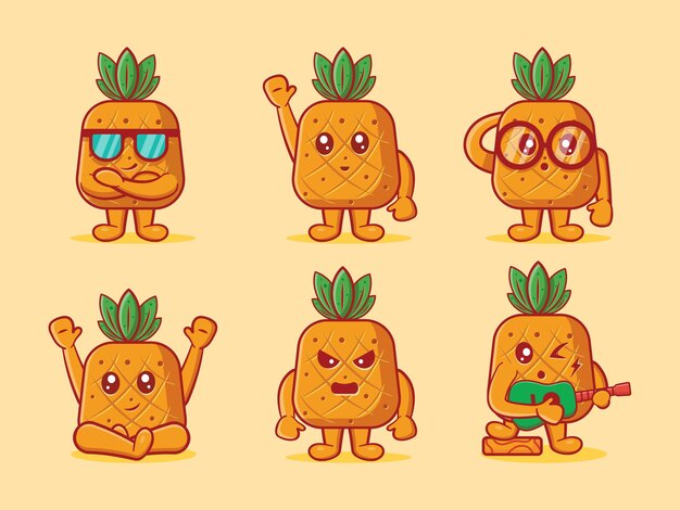 Funny pineapple fruit character collection set