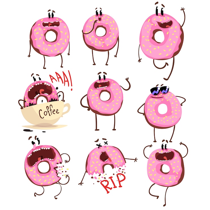 Vector funny pink donut cartoon character set, cute doughnut with different emotions  illustrations on a white background