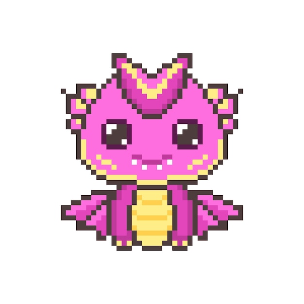 Vector funny pink pixel magical dragons kawaii colorful cute dinosaur with fantasy 8bit graphics