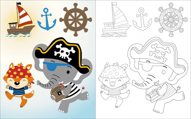 Funny pirate cartoon with sailing equipment