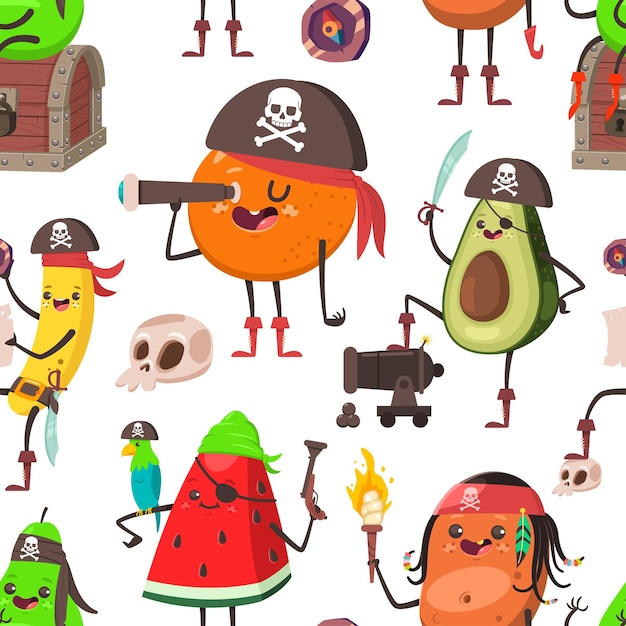 Vettore funny pirate fruit vector cartoon sfondo a disegno senza cuciture