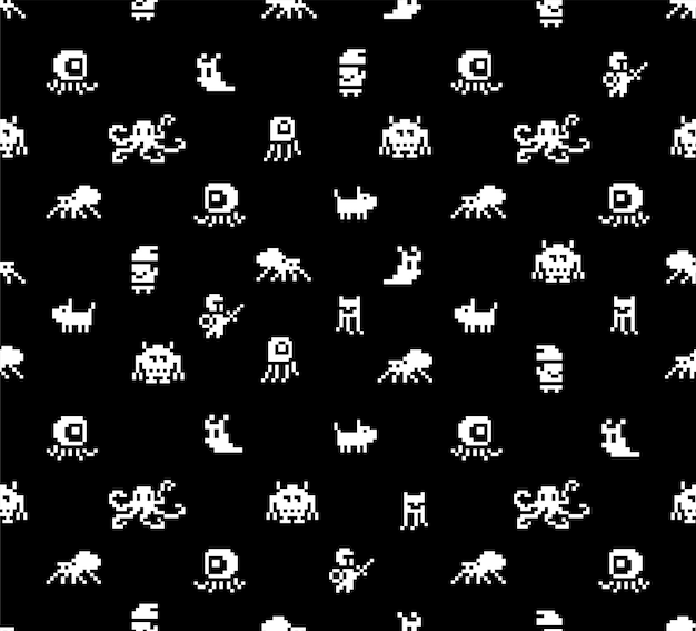 Vector funny pixel monsters seamless pattern of 8bit pixel game retro video game elements for fabric