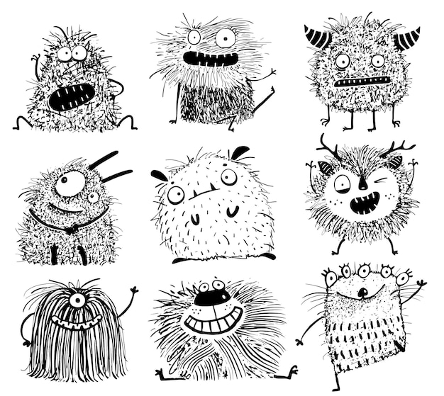 Vector funny playful naughty hairy monsters collection