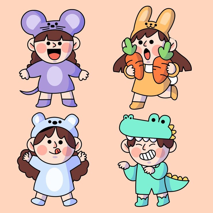 Funny Playful Preschooler Wearing Animal Costume Doodle Collection Illustration Asset