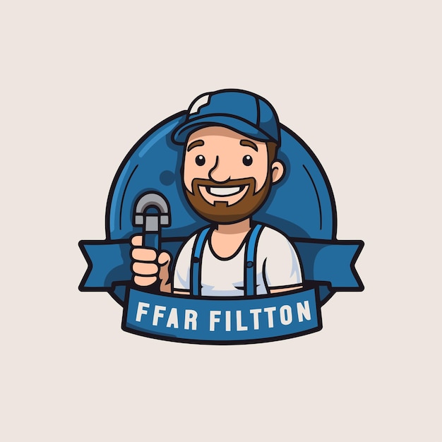 Funny plumber with wrench logo design Vector illustration in cartoon style