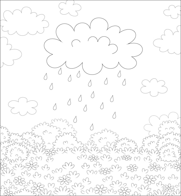 Funny plump rain cloud with dripping raindrops over a field with beautiful flowers