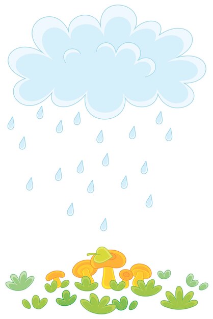 Vector funny plump rain cloud with dripping raindrops pouring mushrooms